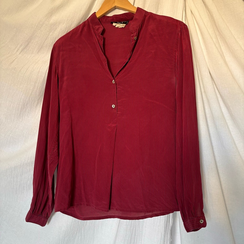Vintage Salvatore Ferragamo Red and Blue PinStriped Silk Long Sleeve Blouse